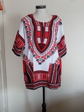 Red & White Printed Dashiki-Style Women's Top